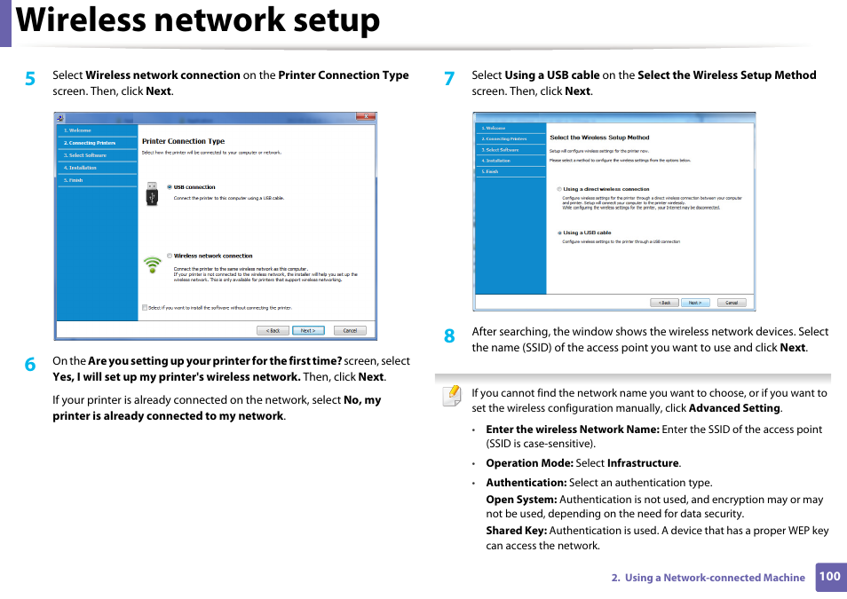 Wireless network setup | Samsung SL-M2020W-XAA User Manual | Page 100 / 199