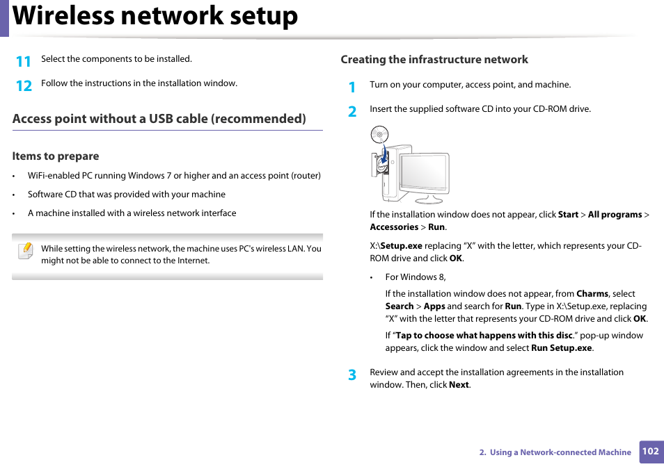 Wireless network setup, Access point without a usb cable (recommended) | Samsung SL-M2020W-XAA User Manual | Page 102 / 199