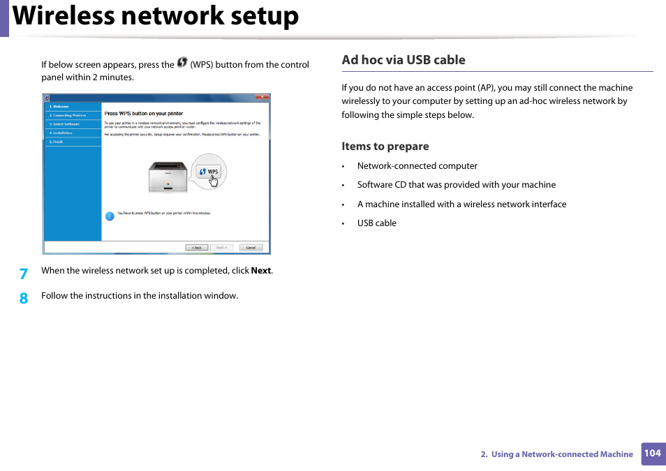 Wireless network setup, Ad hoc via usb cable | Samsung SL-M2020W-XAA User Manual | Page 104 / 199