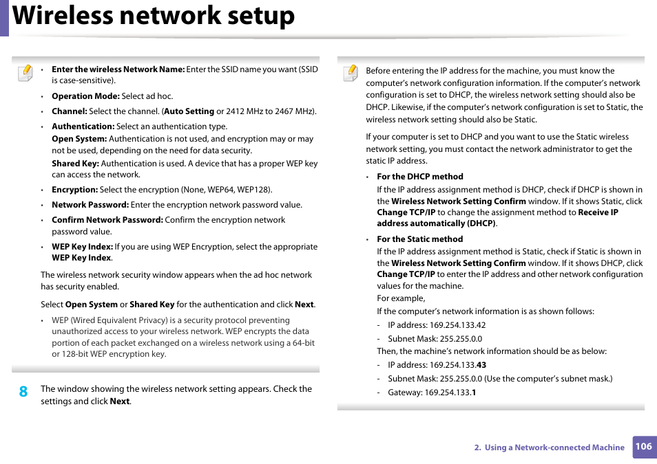 Wireless network setup | Samsung SL-M2020W-XAA User Manual | Page 106 / 199