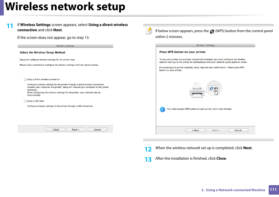 Wireless network setup | Samsung SL-M2020W-XAA User Manual | Page 111 / 199