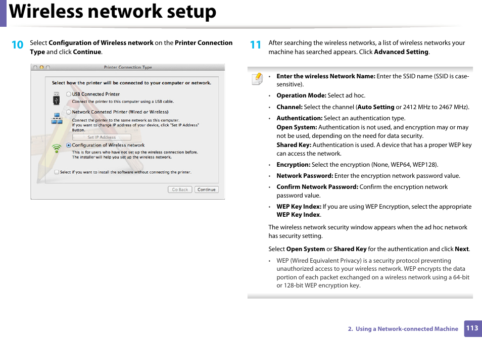 Wireless network setup | Samsung SL-M2020W-XAA User Manual | Page 113 / 199