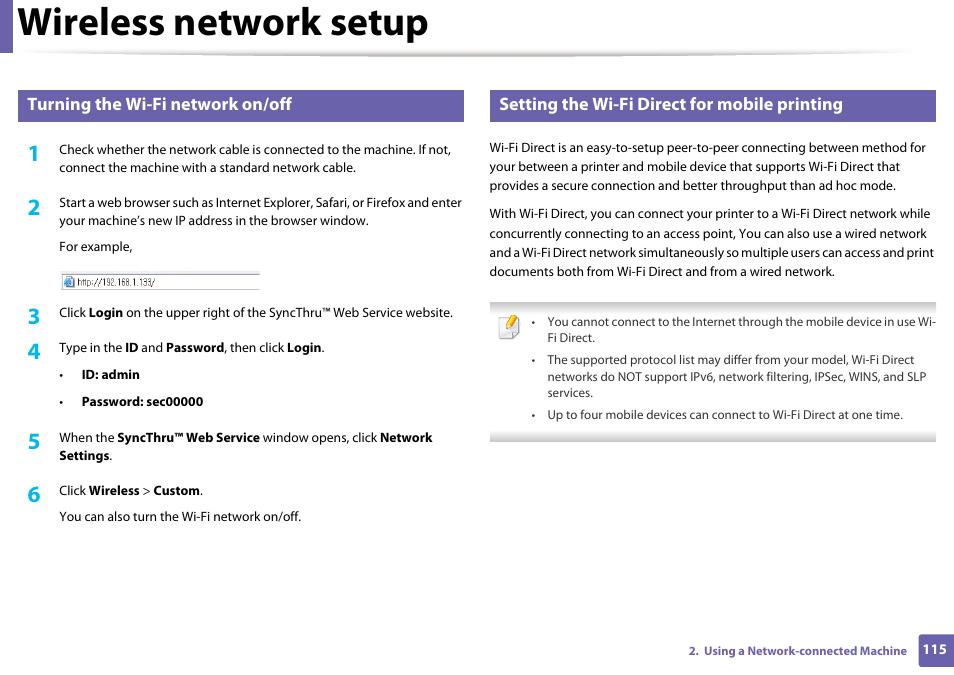 Wireless network setup, Turning the wi-fi network on/off, Setting the wi-fi direct for mobile printing | Samsung SL-M2020W-XAA User Manual | Page 115 / 199