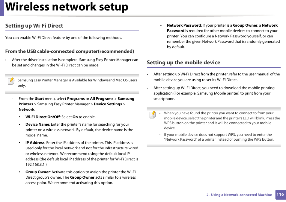 Wireless network setup, Setting up wi-fi direct, Setting up the mobile device | Samsung SL-M2020W-XAA User Manual | Page 116 / 199