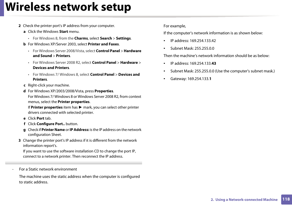 Wireless network setup | Samsung SL-M2020W-XAA User Manual | Page 118 / 199