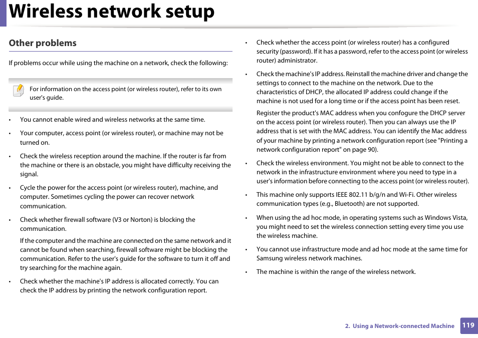 Wireless network setup, Other problems | Samsung SL-M2020W-XAA User Manual | Page 119 / 199