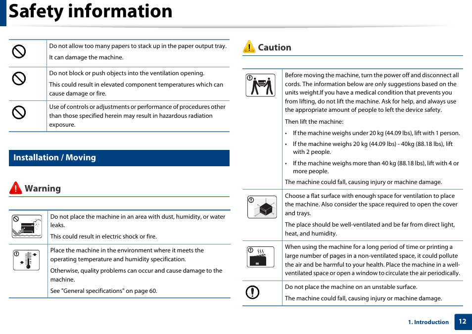 Safety information, Warning caution, Installation / moving | Samsung SL-M2020W-XAA User Manual | Page 12 / 199