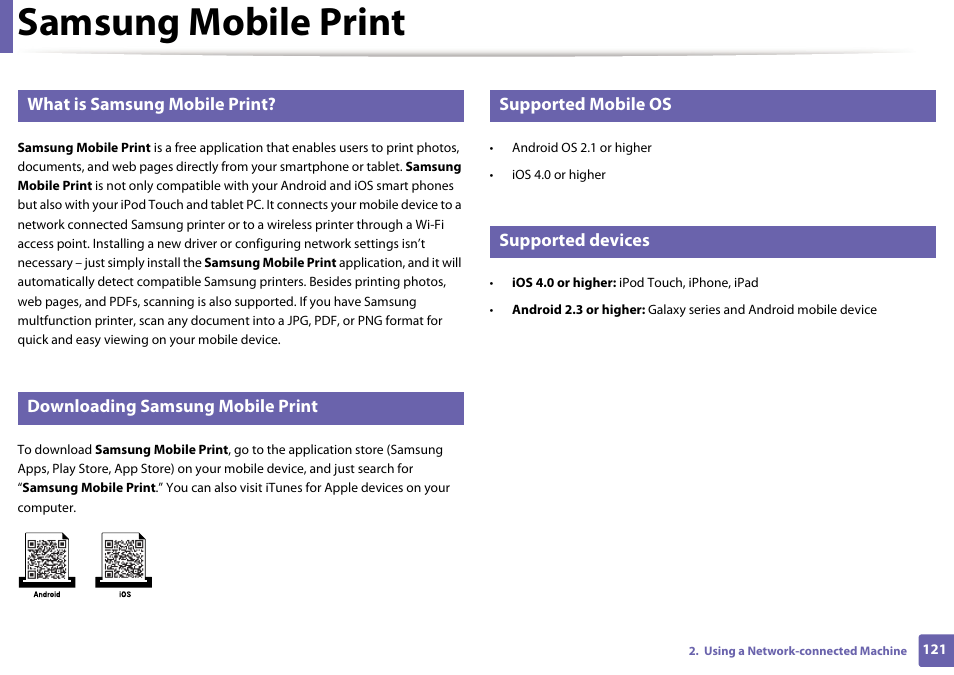 Samsung mobile print, What is samsung mobile print, Downloading samsung mobile print | Supported mobile os, Supported devices | Samsung SL-M2020W-XAA User Manual | Page 121 / 199