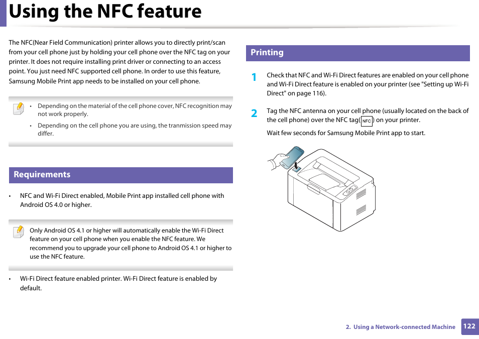 Using the nfc feature, Requirements, Printing | Samsung SL-M2020W-XAA User Manual | Page 122 / 199