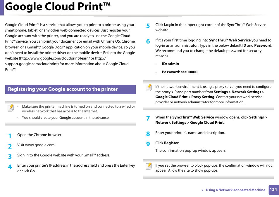 Google cloud print, Registering your google account to the printer | Samsung SL-M2020W-XAA User Manual | Page 124 / 199