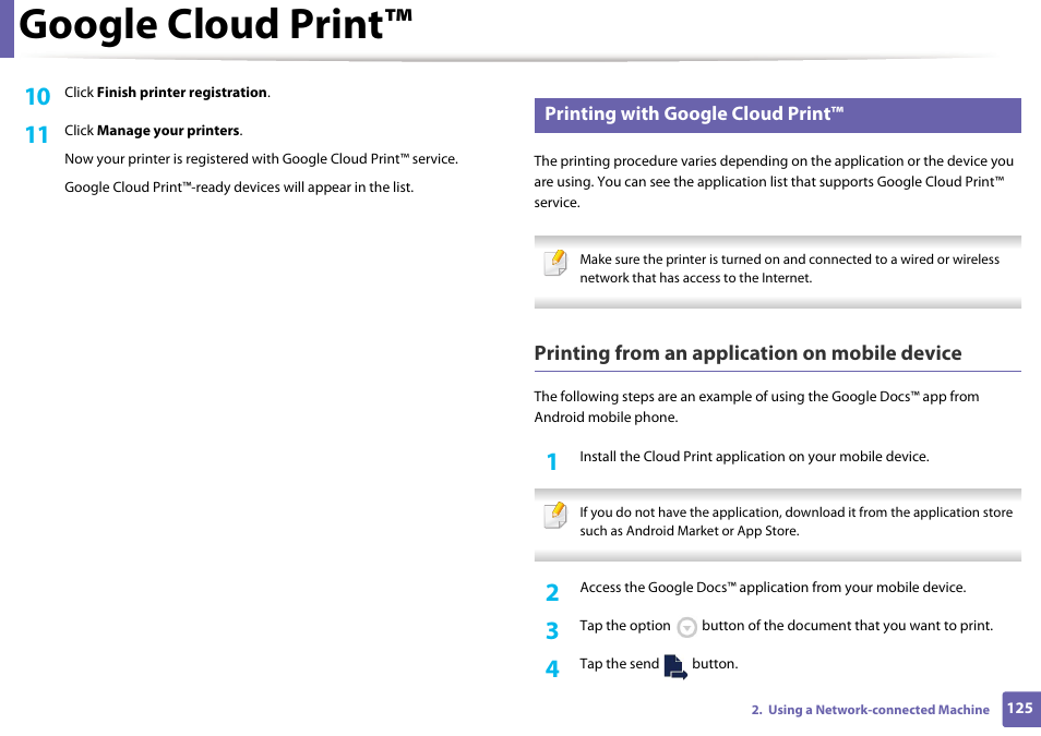 Google cloud print, Printing from an application on mobile device, Printing with google cloud print | Samsung SL-M2020W-XAA User Manual | Page 125 / 199