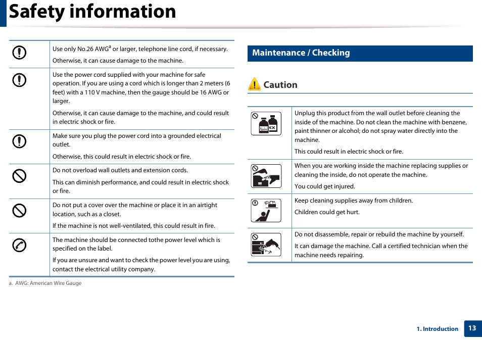 Safety information, Caution, Maintenance / checking | Samsung SL-M2020W-XAA User Manual | Page 13 / 199