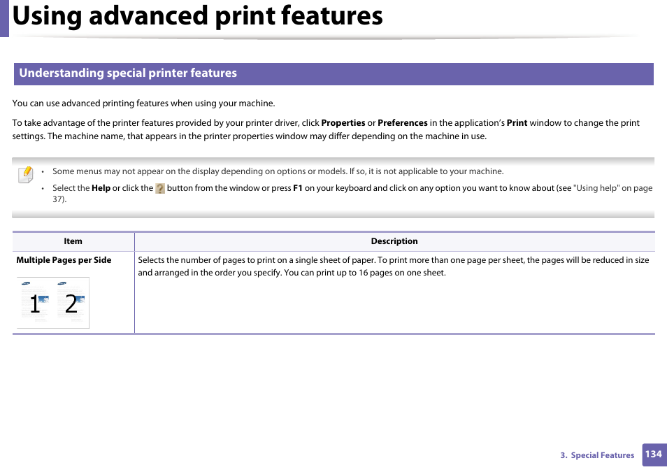 Using advanced print features, Understanding special printer features | Samsung SL-M2020W-XAA User Manual | Page 134 / 199