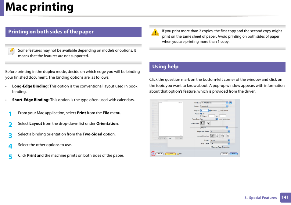 Mac printing, Printing on both sides of the paper, Using help | Samsung SL-M2020W-XAA User Manual | Page 141 / 199