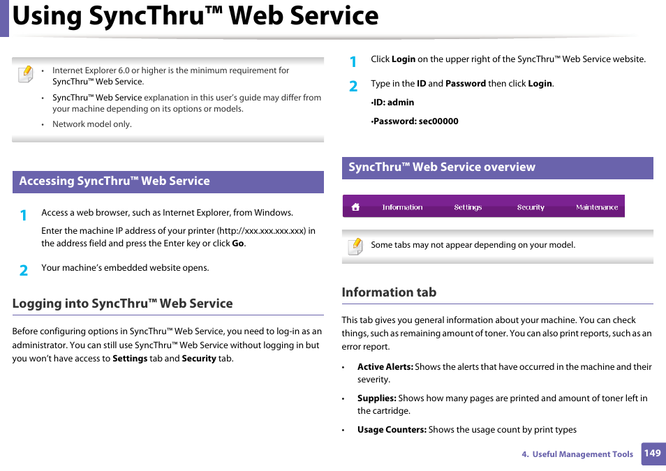 Using syncthru™ web service, Logging into syncthru™ web service, Information tab | Accessing syncthru™ web service, Syncthru™ web service overview | Samsung SL-M2020W-XAA User Manual | Page 149 / 199