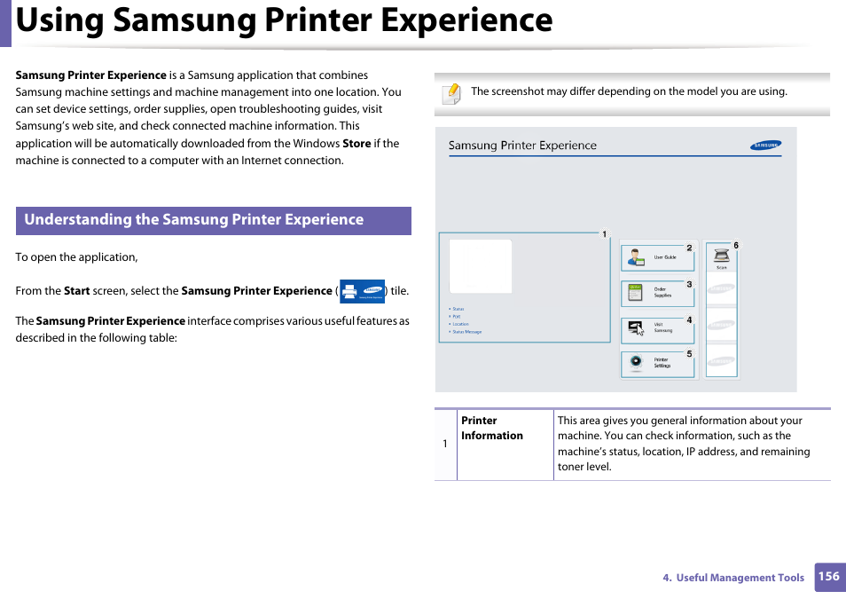 Using samsung printer experience, Understanding the samsung printer experience | Samsung SL-M2020W-XAA User Manual | Page 156 / 199