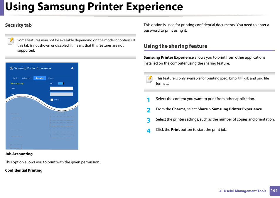 Using samsung printer experience, Using the sharing feature | Samsung SL-M2020W-XAA User Manual | Page 161 / 199