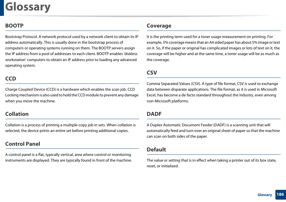 Glossary, Bootp, Collation | Control panel, Coverage, Dadf, Default | Samsung SL-M2020W-XAA User Manual | Page 186 / 199