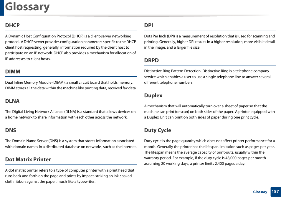 Glossary, Dhcp, Dimm | Dlna, Dot matrix printer, Drpd, Duplex, Duty cycle | Samsung SL-M2020W-XAA User Manual | Page 187 / 199