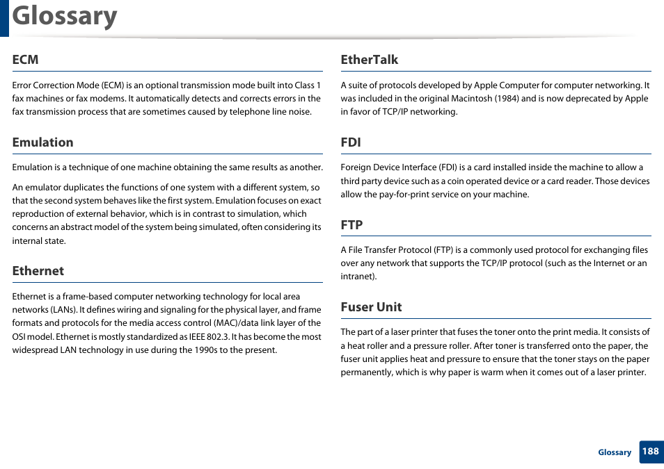 Glossary, Emulation, Ethernet | Ethertalk, Fuser unit | Samsung SL-M2020W-XAA User Manual | Page 188 / 199