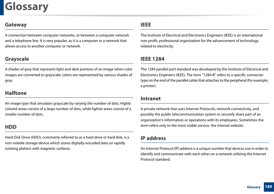 Glossary, Gateway, Grayscale | Halftone, Ieee, Ieee 1284, Intranet, Ip address | Samsung SL-M2020W-XAA User Manual | Page 189 / 199