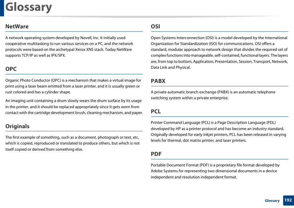 Glossary, Netware, Originals | Pabx | Samsung SL-M2020W-XAA User Manual | Page 192 / 199