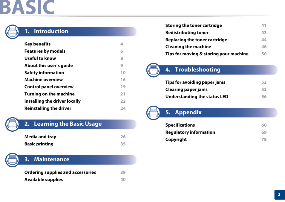 Basic, Introduction, Learning the basic usage | Maintenance, Troubleshooting, Appendix | Samsung SL-M2020W-XAA User Manual | Page 2 / 199