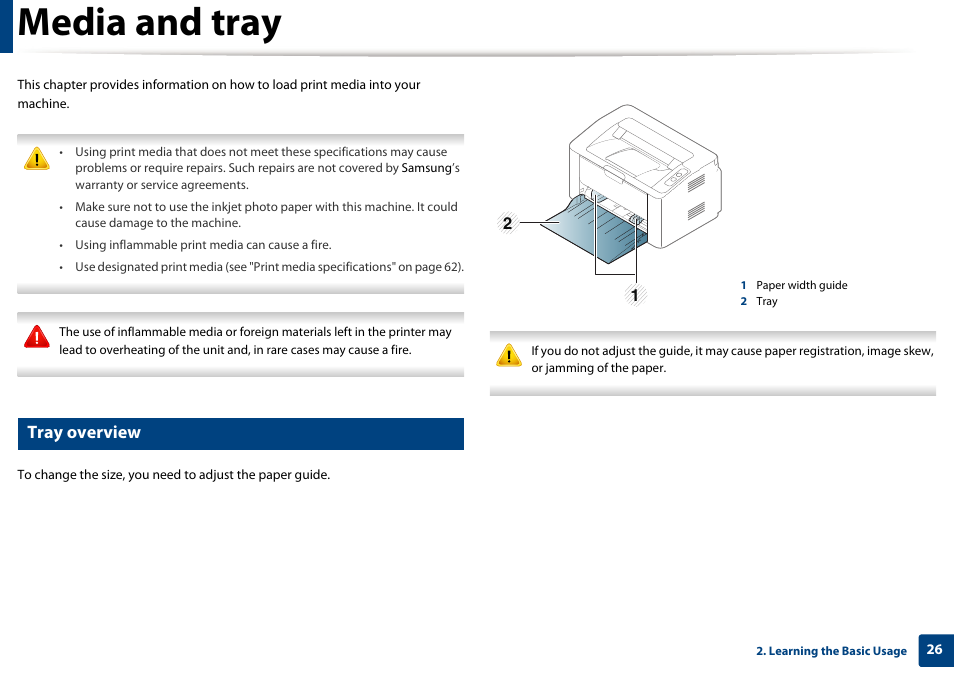 Media and tray, Tray overview | Samsung SL-M2020W-XAA User Manual | Page 26 / 199