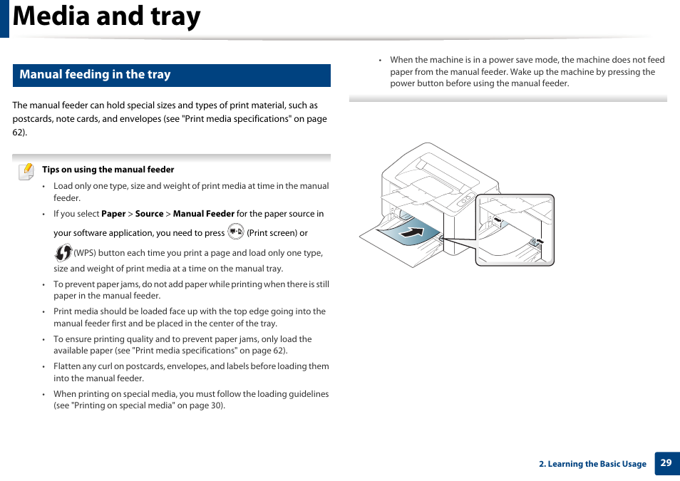 Media and tray, Manual feeding in the tray | Samsung SL-M2020W-XAA User Manual | Page 29 / 199