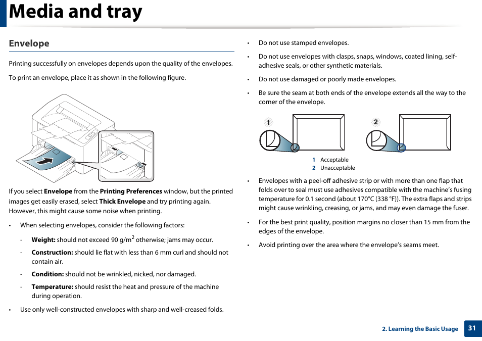 Media and tray, Envelope | Samsung SL-M2020W-XAA User Manual | Page 31 / 199