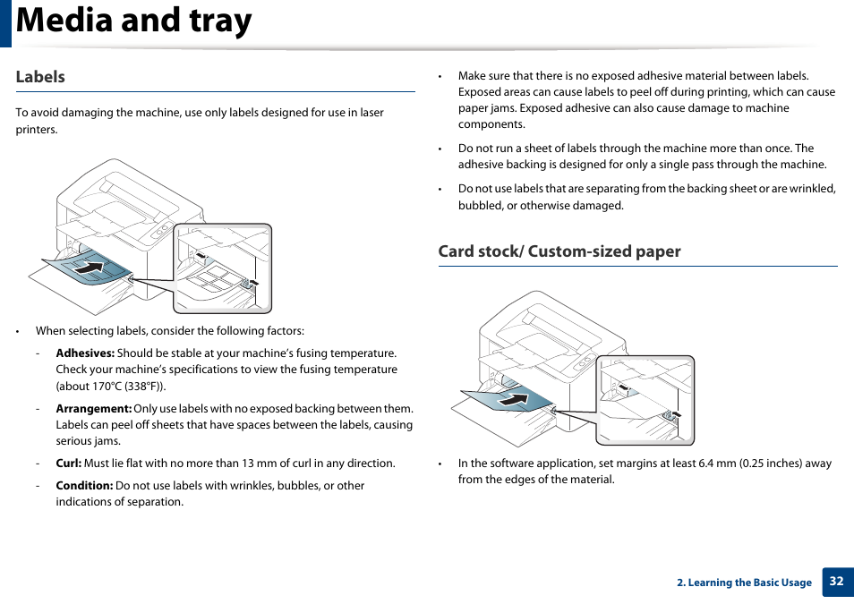 Media and tray, Labels, Card stock/ custom-sized paper | Samsung SL-M2020W-XAA User Manual | Page 32 / 199