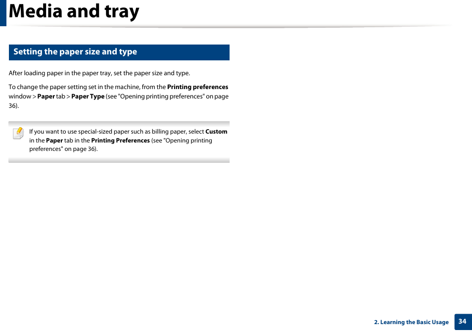 Media and tray, Setting the paper size and type | Samsung SL-M2020W-XAA User Manual | Page 34 / 199