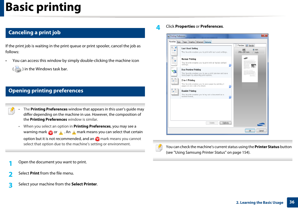 Basic printing, Canceling a print job, Opening printing preferences | Samsung SL-M2020W-XAA User Manual | Page 36 / 199