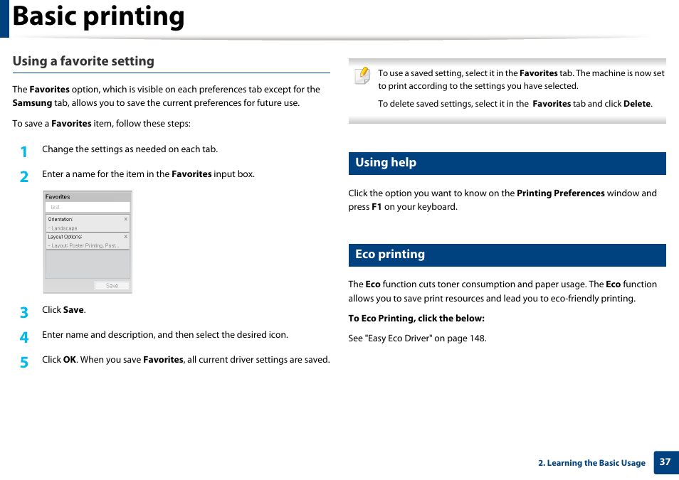 Basic printing, Using a favorite setting, Using help | Eco printing | Samsung SL-M2020W-XAA User Manual | Page 37 / 199