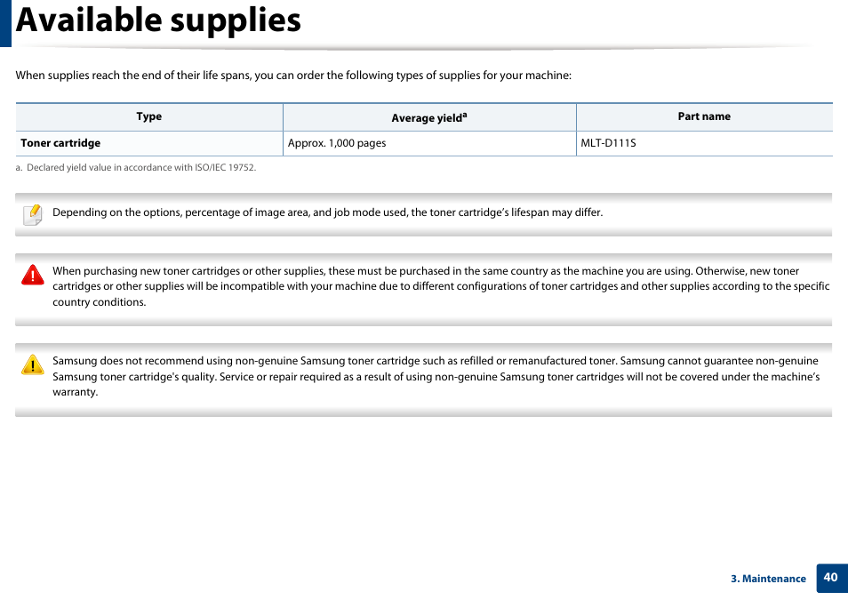 Available supplies | Samsung SL-M2020W-XAA User Manual | Page 40 / 199