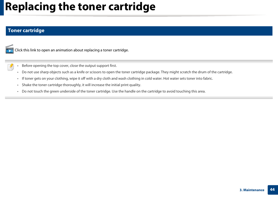 Replacing the toner cartridge, Toner cartridge | Samsung SL-M2020W-XAA User Manual | Page 44 / 199