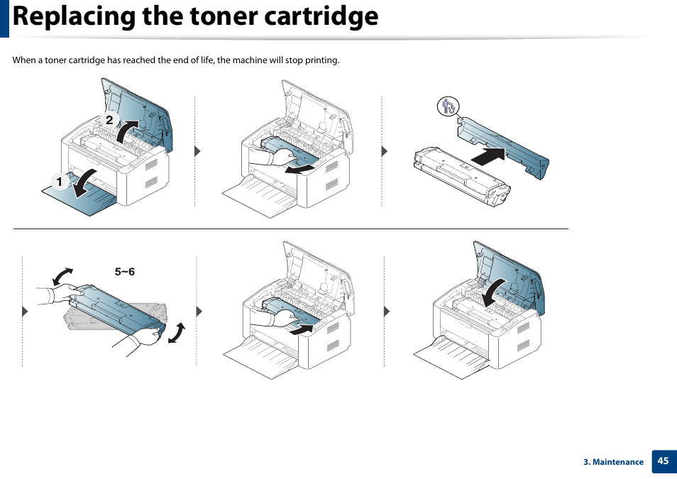 Replacing the toner cartridge | Samsung SL-M2020W-XAA User Manual | Page 45 / 199