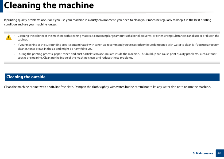 Cleaning the machine, Cleaning the outside | Samsung SL-M2020W-XAA User Manual | Page 46 / 199