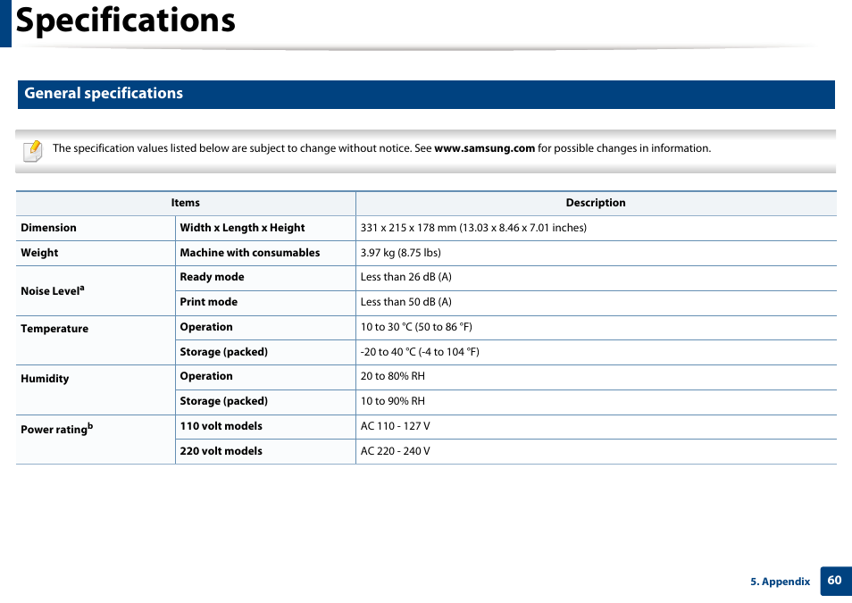 Specifications, General specifications | Samsung SL-M2020W-XAA User Manual | Page 60 / 199