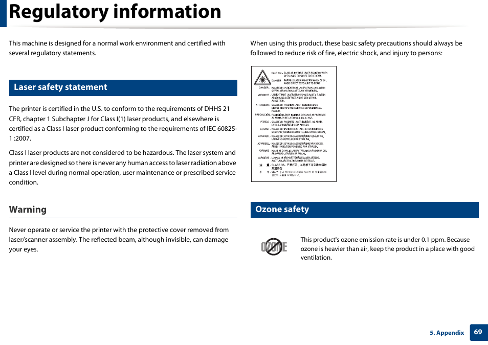 Regulatory information, Warning, Laser safety statement | Ozone safety | Samsung SL-M2020W-XAA User Manual | Page 69 / 199