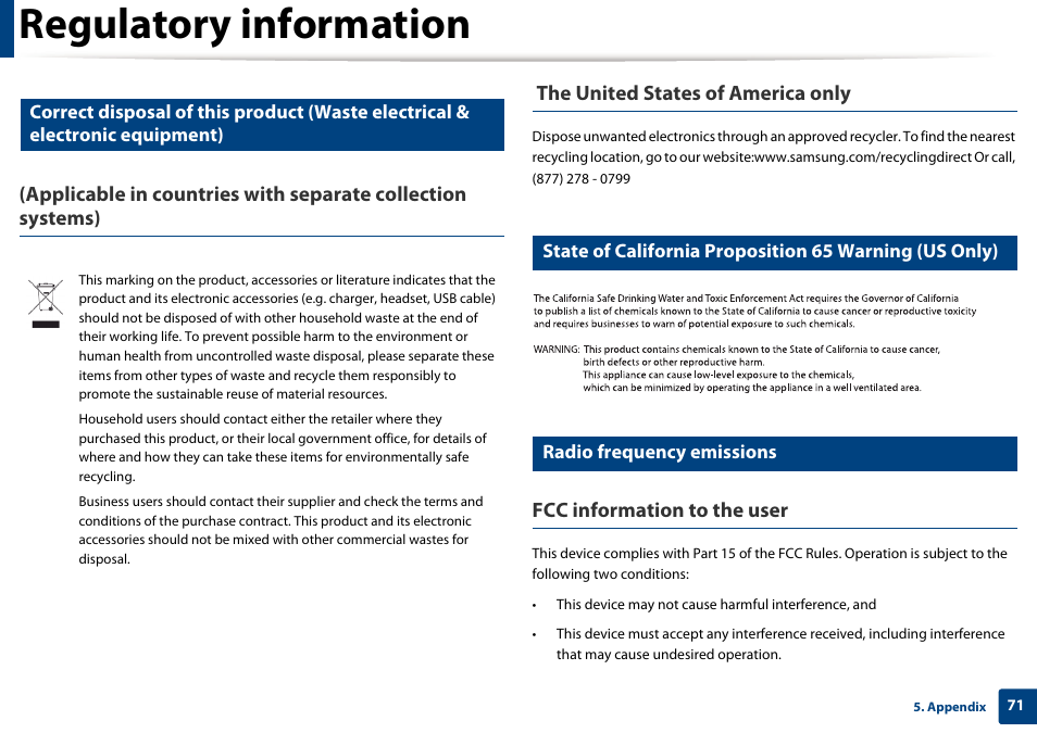 Regulatory information, Fcc information to the user, Radio frequency emissions | Samsung SL-M2020W-XAA User Manual | Page 71 / 199