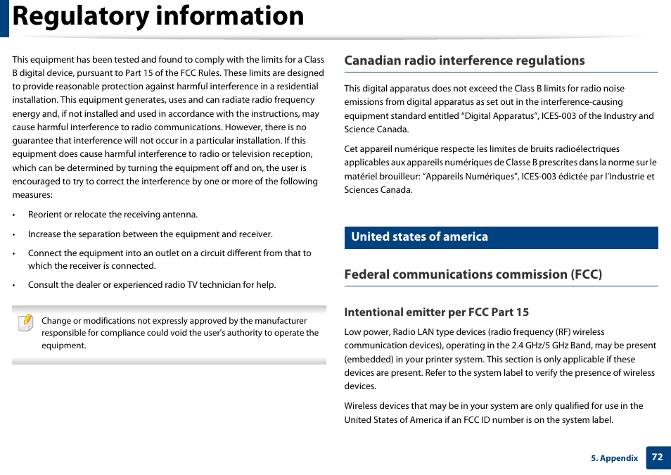 Regulatory information, Canadian radio interference regulations, Federal communications commission (fcc) | United states of america | Samsung SL-M2020W-XAA User Manual | Page 72 / 199