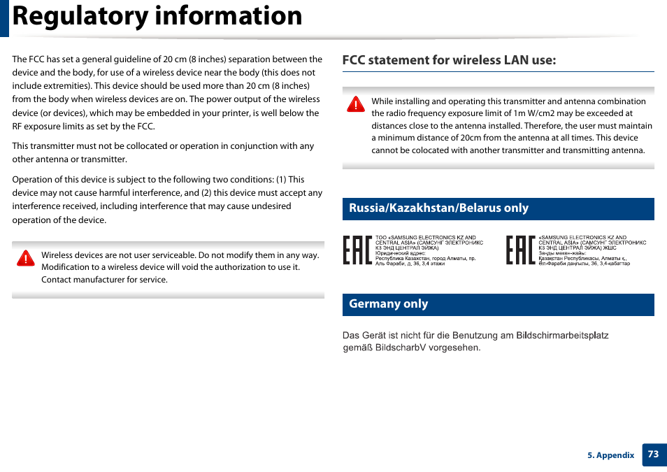 Regulatory information, Fcc statement for wireless lan use, Russia/kazakhstan/belarus only | Germany only | Samsung SL-M2020W-XAA User Manual | Page 73 / 199