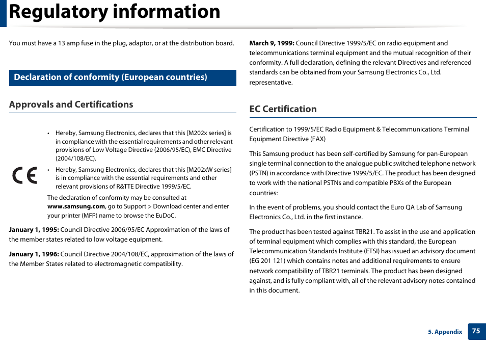 Regulatory information, Approvals and certifications, Ec certification | Declaration of conformity (european countries) | Samsung SL-M2020W-XAA User Manual | Page 75 / 199