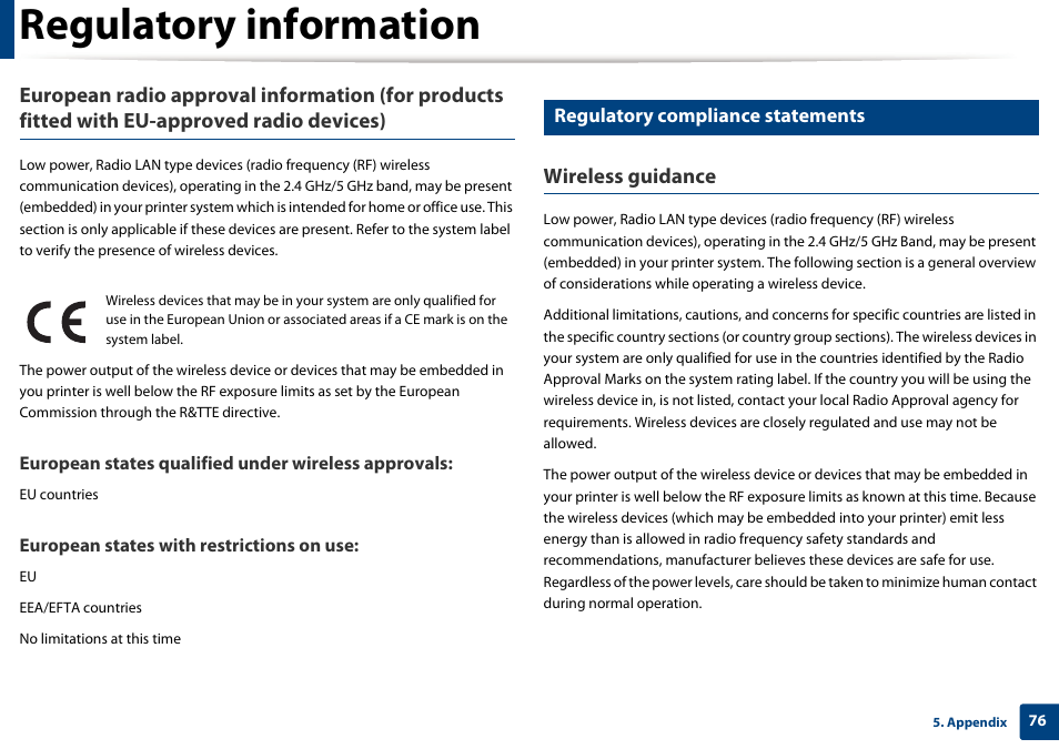 Regulatory information, Wireless guidance, Regulatory compliance statements | Samsung SL-M2020W-XAA User Manual | Page 76 / 199