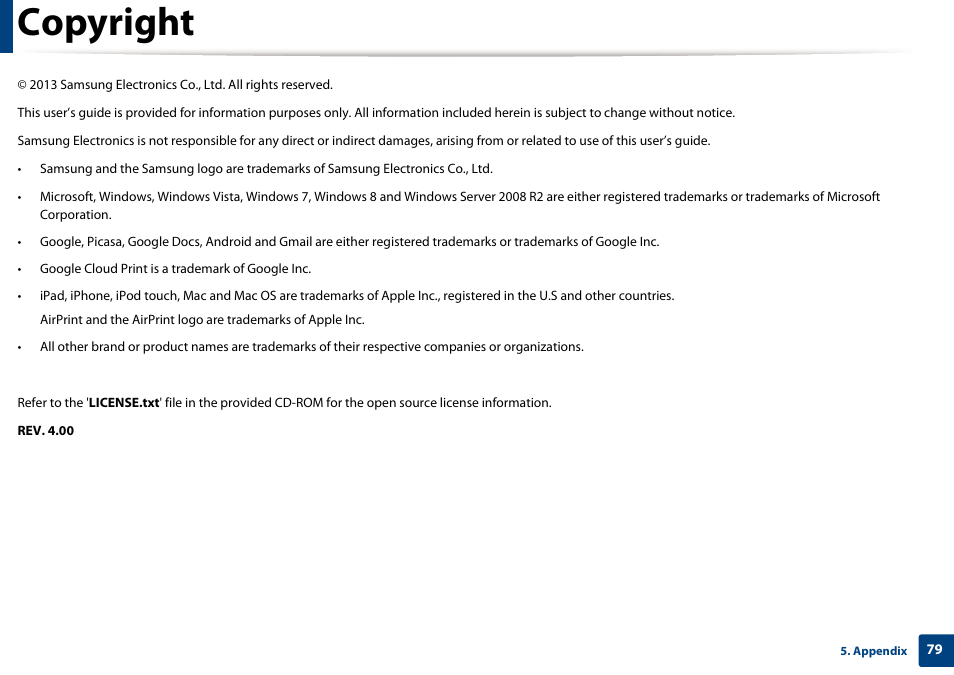 Copyright | Samsung SL-M2020W-XAA User Manual | Page 79 / 199