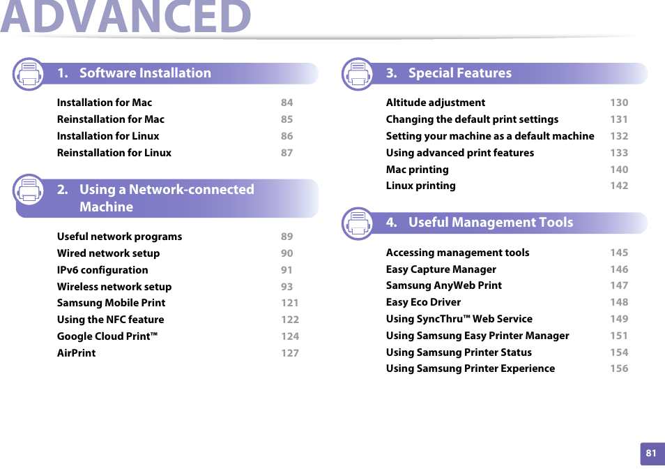 Advanced, Software installation, Using a network-connected machine | Special features, Useful management tools | Samsung SL-M2020W-XAA User Manual | Page 81 / 199