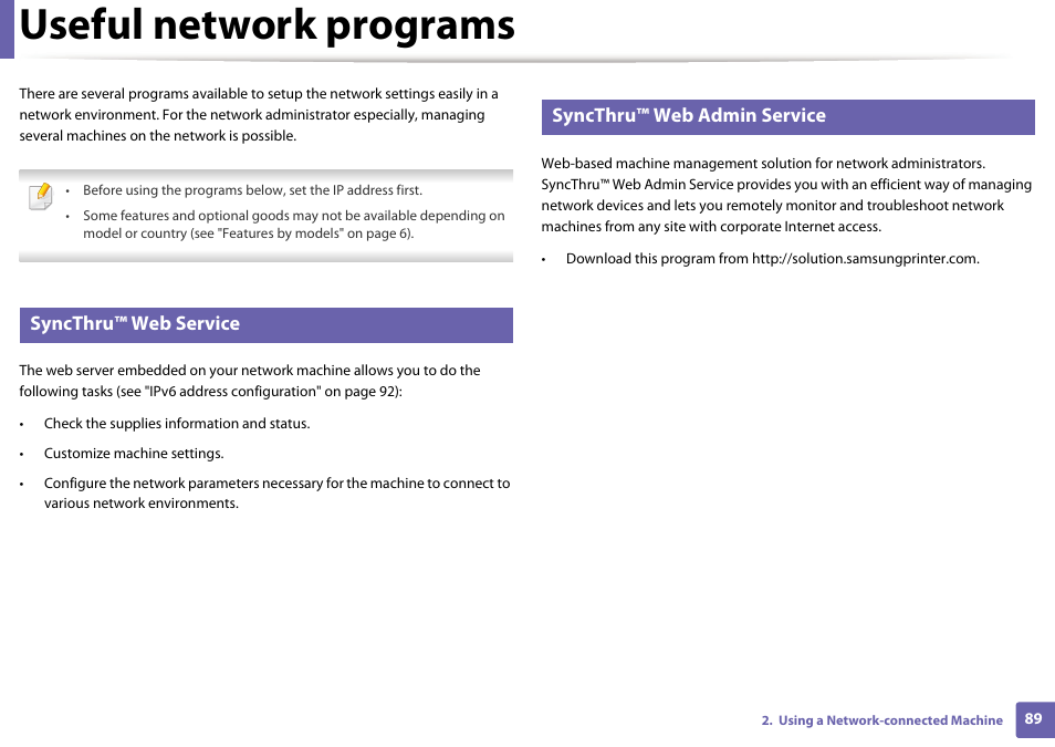 Useful network programs, Syncthru™ web service, Syncthru™ web admin service | Samsung SL-M2020W-XAA User Manual | Page 89 / 199