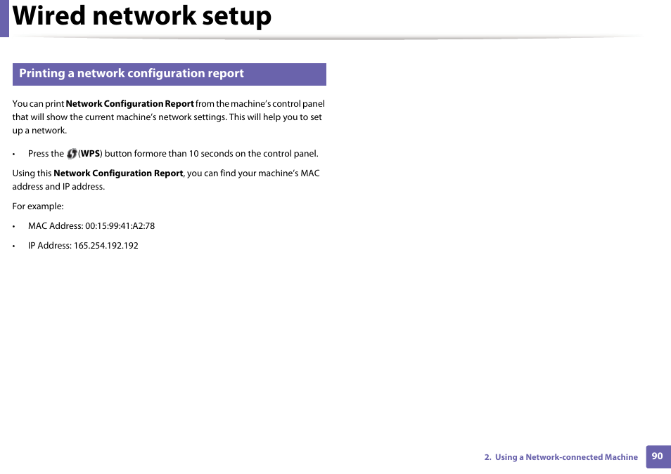 Wired network setup, Printing a network configuration report | Samsung SL-M2020W-XAA User Manual | Page 90 / 199