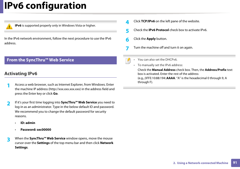 Ipv6 configuration, Activating ipv6 | Samsung SL-M2020W-XAA User Manual | Page 91 / 199